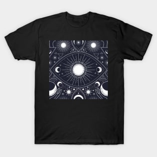 Magic pattern with constellations, sun, moon, magic eyes, hands and stars. Mystical esoteric background. T-Shirt